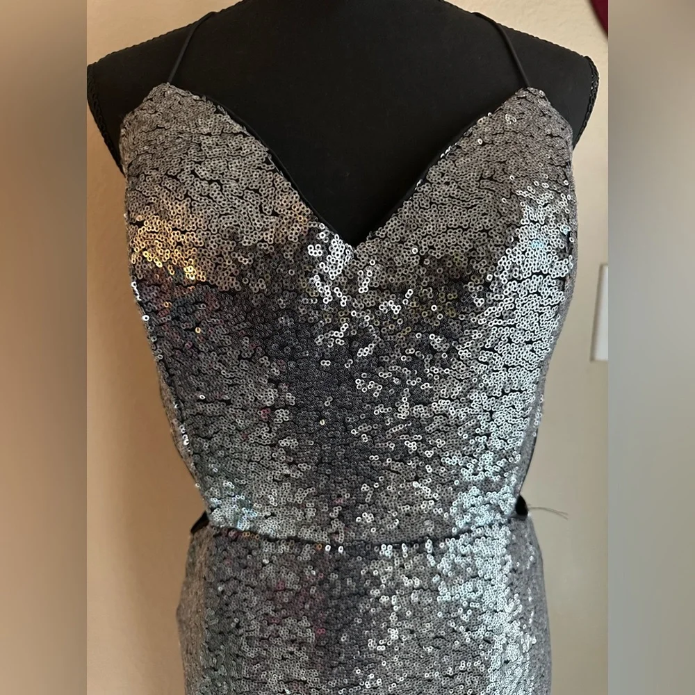 Fashion Nova Silver Sequin Spaghetti Strap Prom Dress - Picture 2 of 5